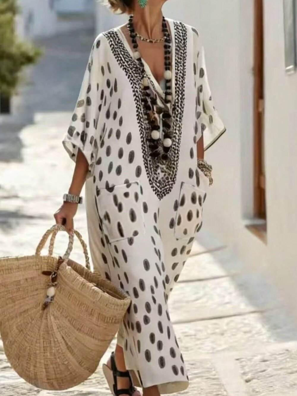 Apricot Boho Women's V-Neck 3/4 Sleeve Print Loose Long Mediterranean Dress - Picture 1 of 8